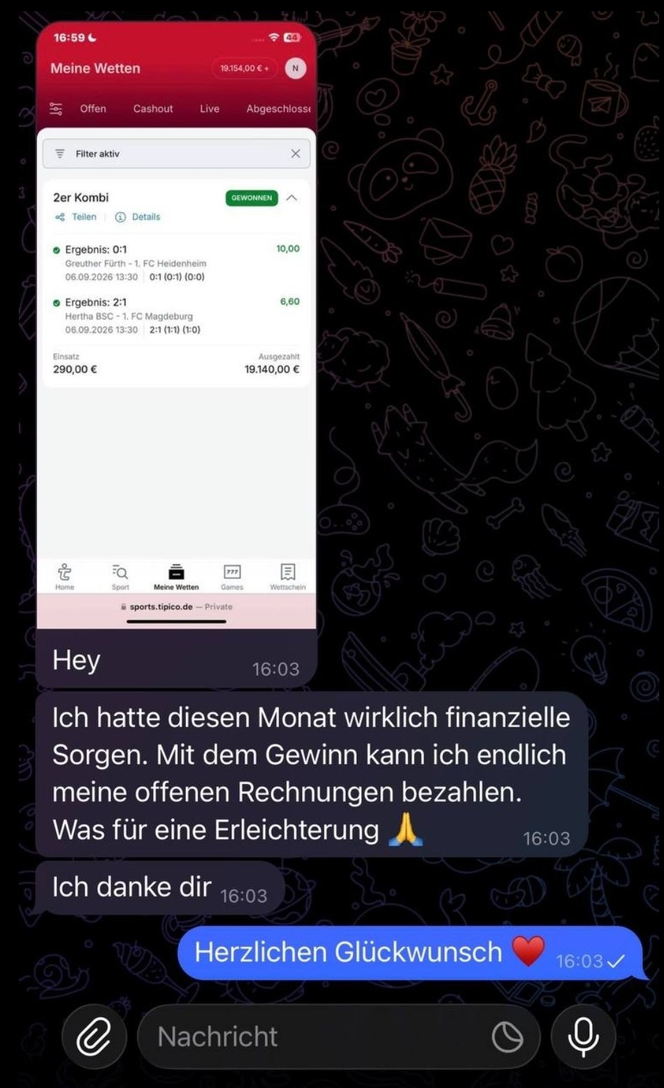 Tipico Gewinnbild: 19.140 € aus 290 € Einsatz